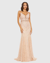 Applique Sleeveless Plunge Neck Trumpet Gown - Lemom