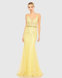 Applique Sleeveless Plunge Neck Trumpet Gown - Lemom