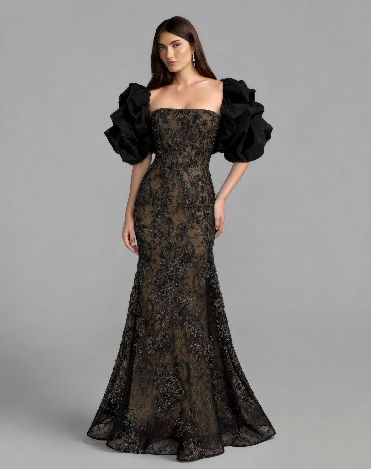 Mac Duggal #21437 black nude floral lace puff sleeve mermaid gown