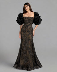 Mac Duggal #21437 black nude floral lace puff sleeve mermaid gown