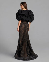 Mac Duggal #21437 black nude lace mermaid gown back