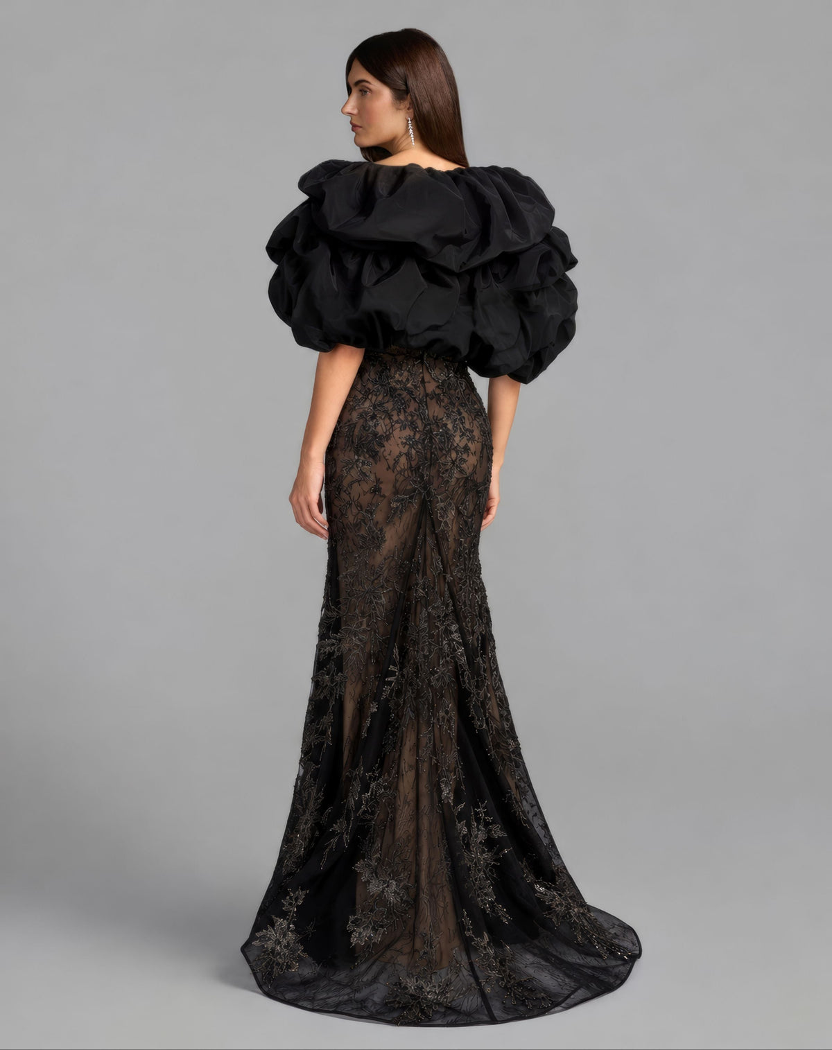 Mac Duggal #21437 black nude lace mermaid gown back