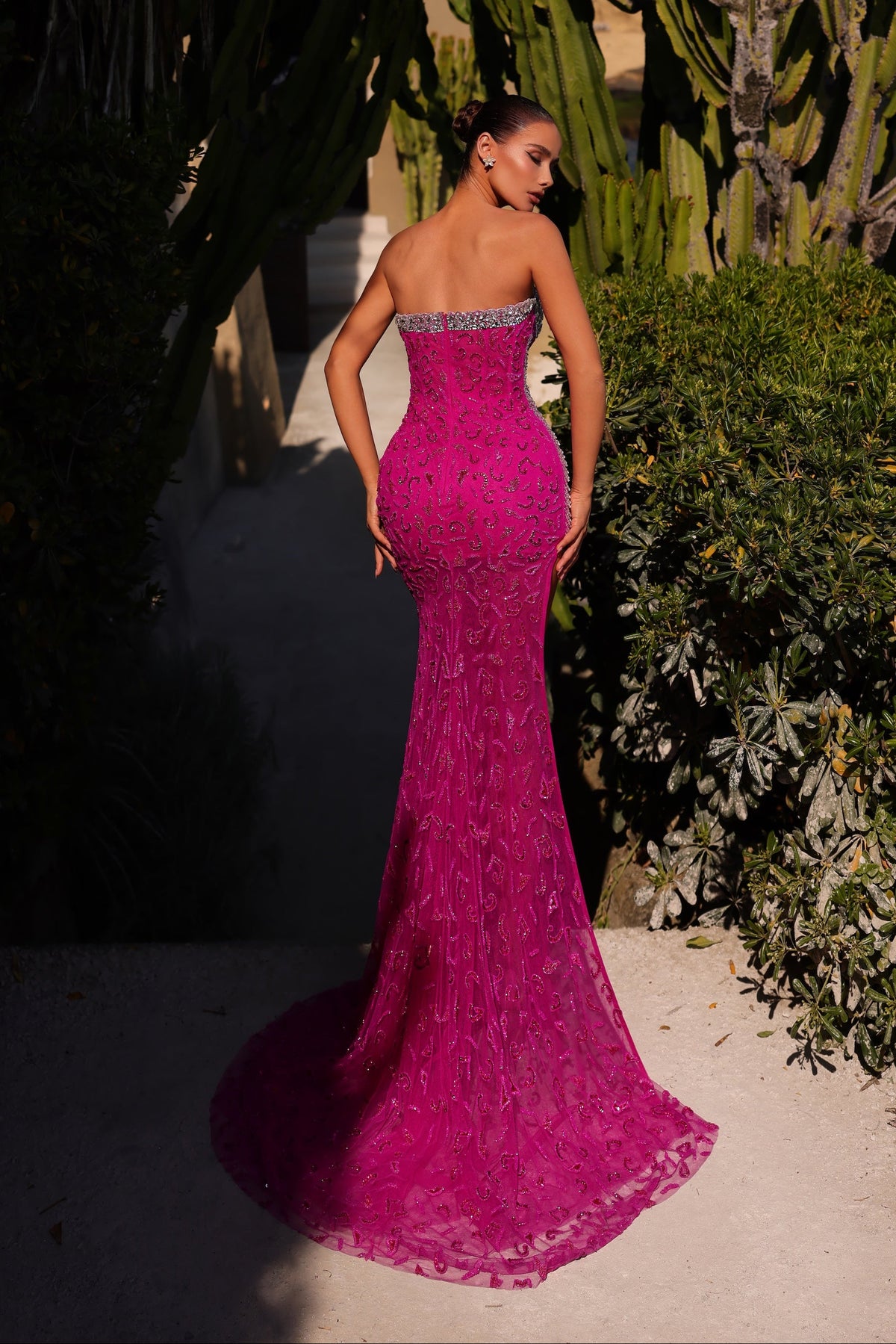 Chic & Holland AR330496 fuschia beaded strapless sweetheart gown back