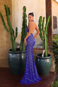 Chic & Holland AR330499B royal blue beaded halter neck gown back