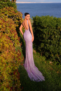 Chic & Holland AR330502 pastel lilac beaded plunging sweetheart gown back