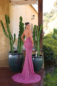 Chic & Holland AR330504 candy pink beaded halter neck fitted gown back
