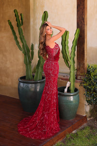 Chic & Holland AR330505 blood red beaded one shoulder fitted gown back
