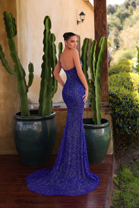 Chic & Holland AR330506 royal blue beaded one shoulder gown back