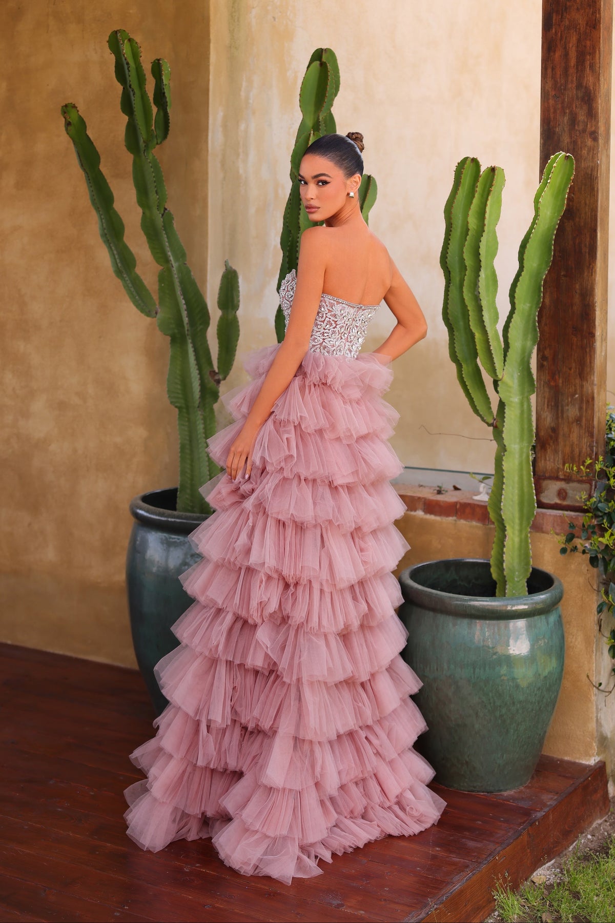Chic & Holland AR330507 pastel rose strapless tulle fit and flare gown back