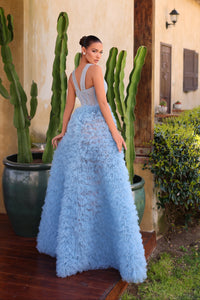 Chic & Holland AR330509B steel blue tulle plunging v-neck fit and flare corset gown back