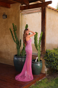 Chic & Holland AZ29 candy pink sequin beaded strapless square neck gown back