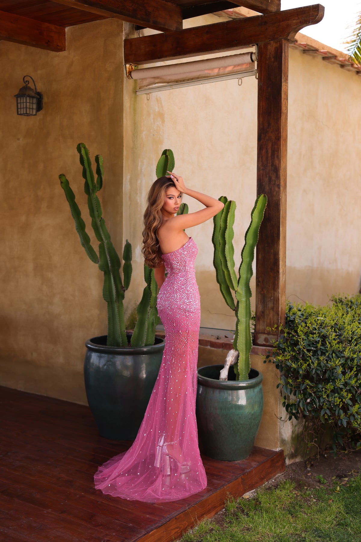 Chic & Holland AZ29 candy pink sequin beaded strapless square neck gown back