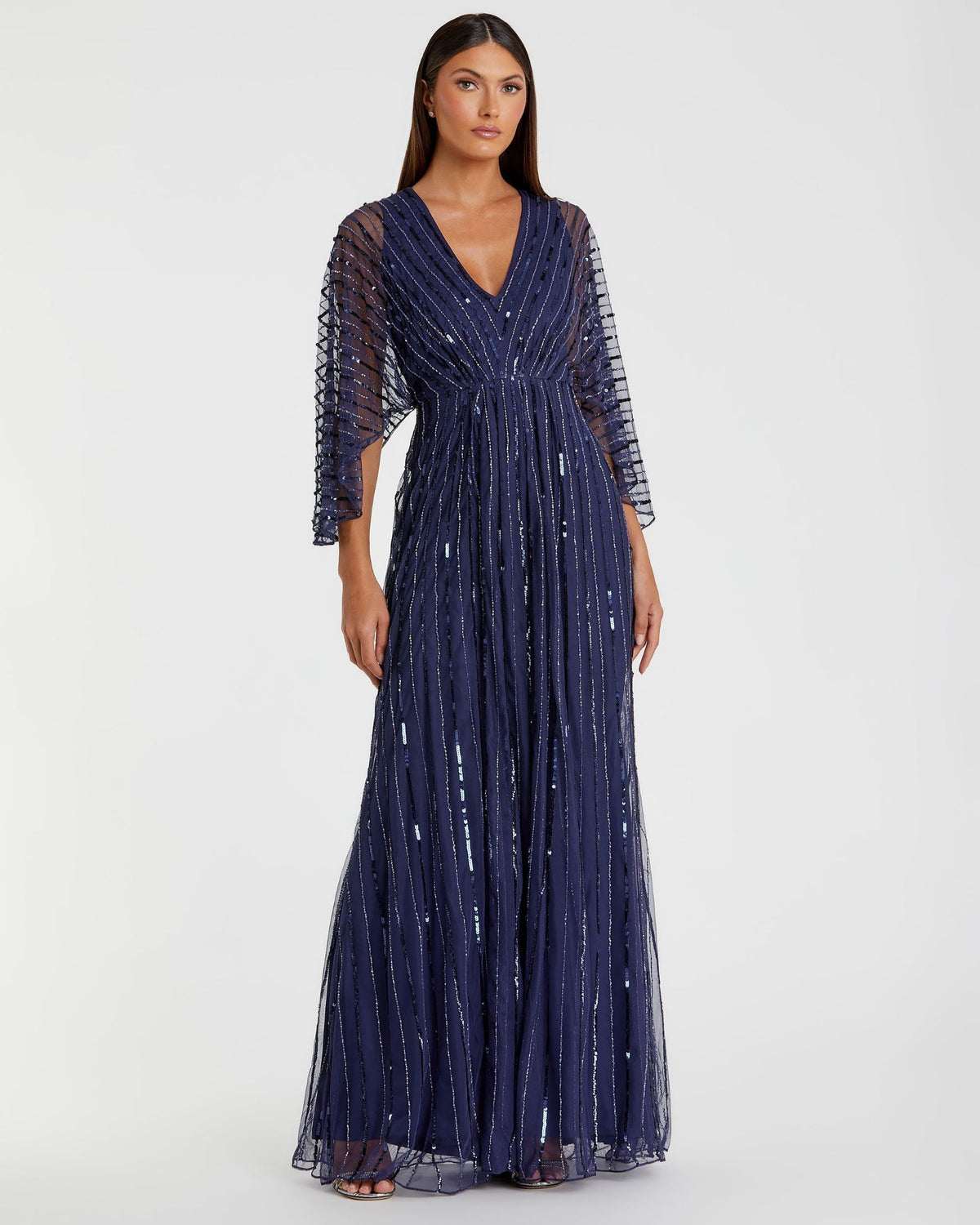 Beaded Striped Kimono Sleeve V Neck - Midnight