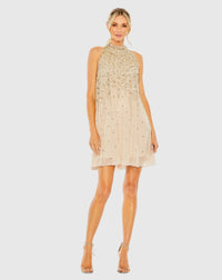 High Neck Sleeveless Sequin Dress - Blue