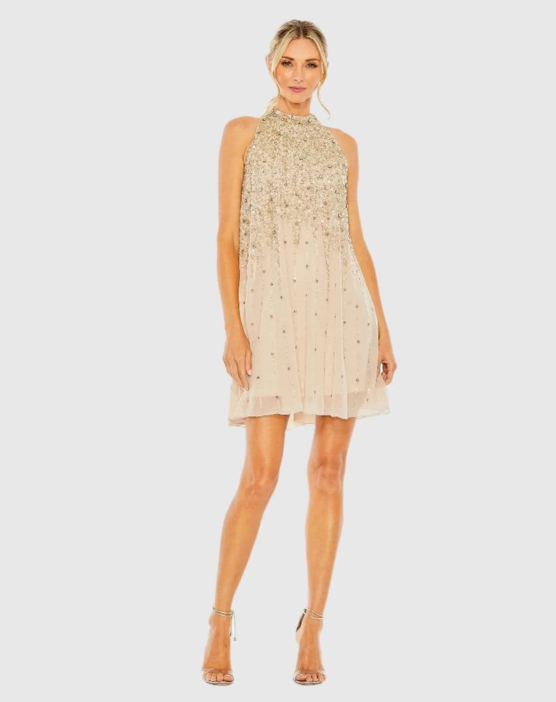 High Neck Sleeveless Sequin Dress - Blue