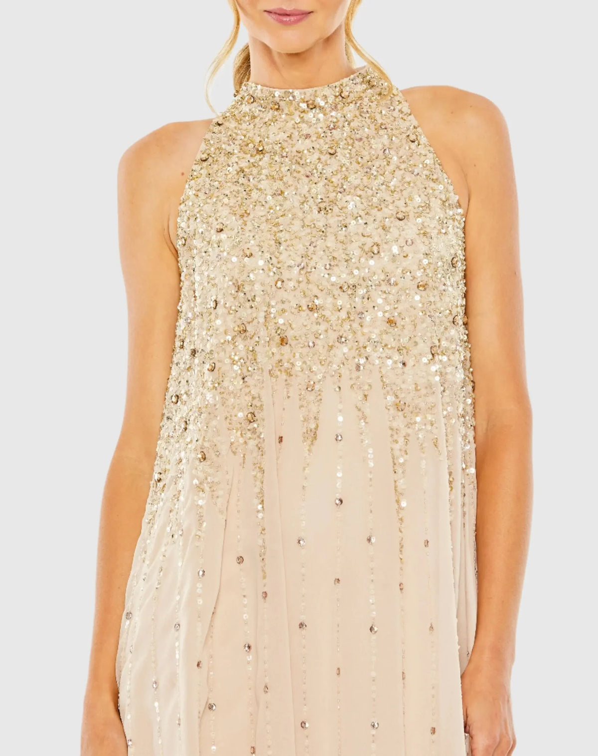 High Neck Sleeveless Sequin Dress - Beige