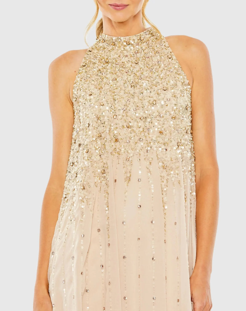 High Neck Sleeveless Sequin Dress - Blue