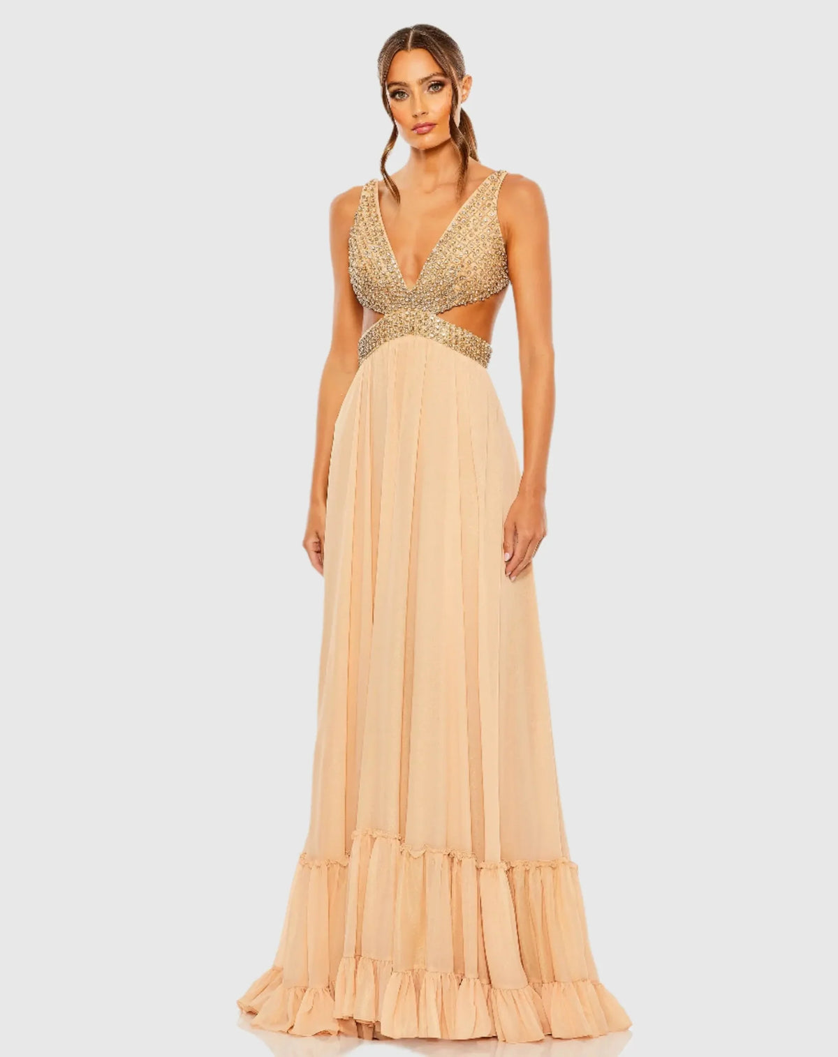 Mac Duggal Beige Lace Up Rhinestone Embellished Cut Out Gown Gold #68465