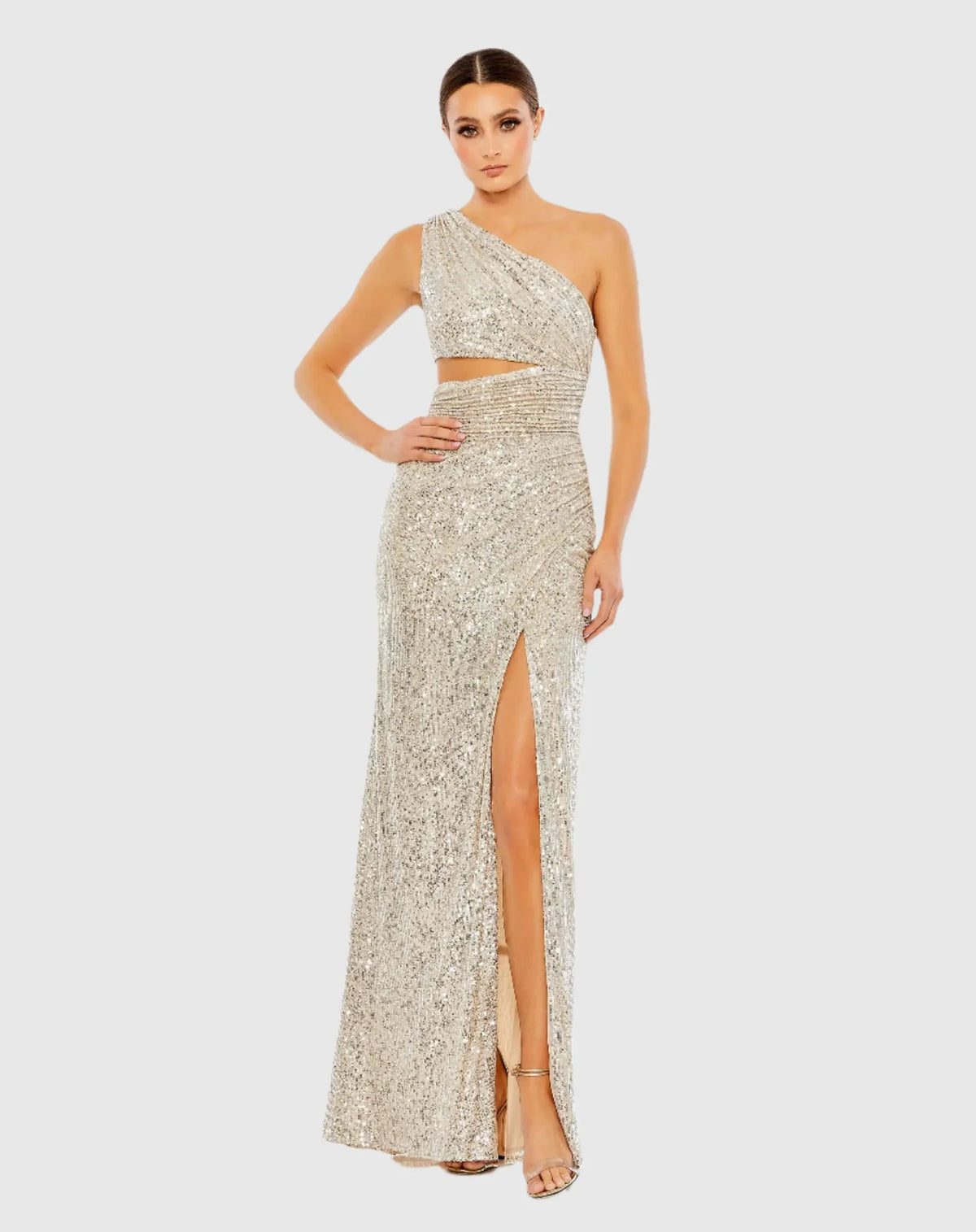 Mac Duggal Beige Sequin One Shoulder Cut Out Gown #26973 Nude