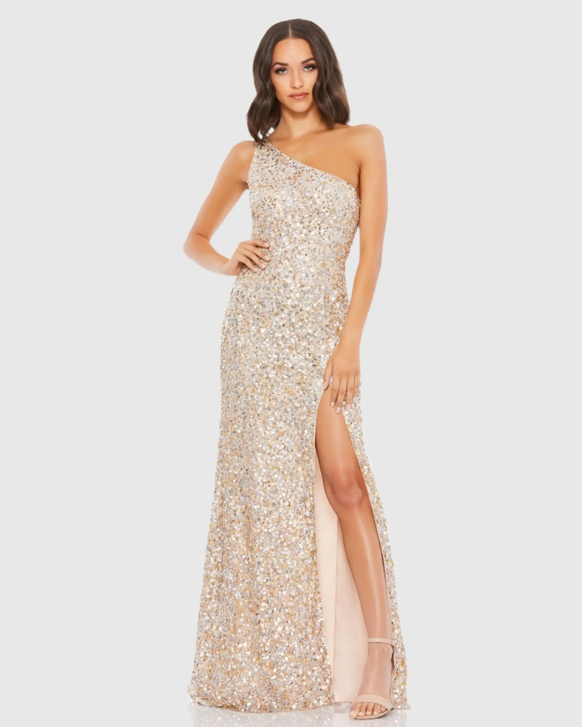 Mac Duggal Beige Sequin One Shoulder Gown With Slit #10729 Nude