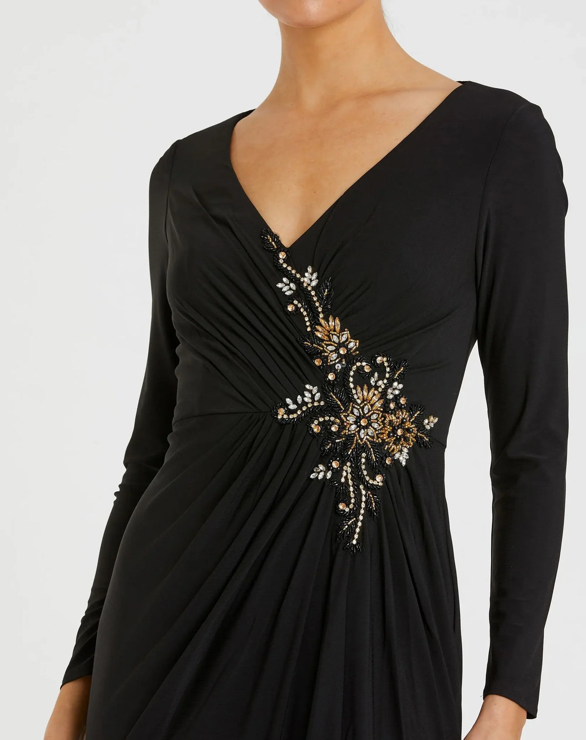Faux Wrap Long Sleeve Gown w/ Appliqué Detail - Black