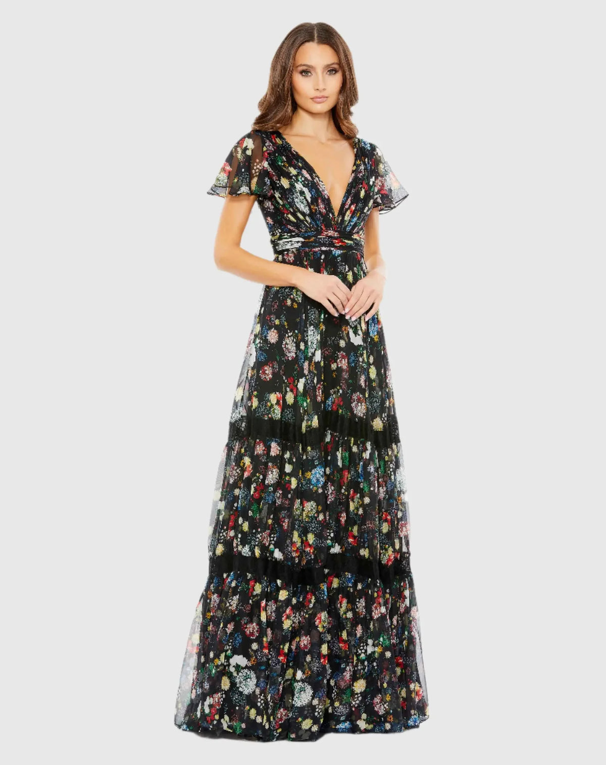 Mac Duggal Black Floral Print Pleated Wrap Over Butterfly Sleeve Maxi Dress #67934