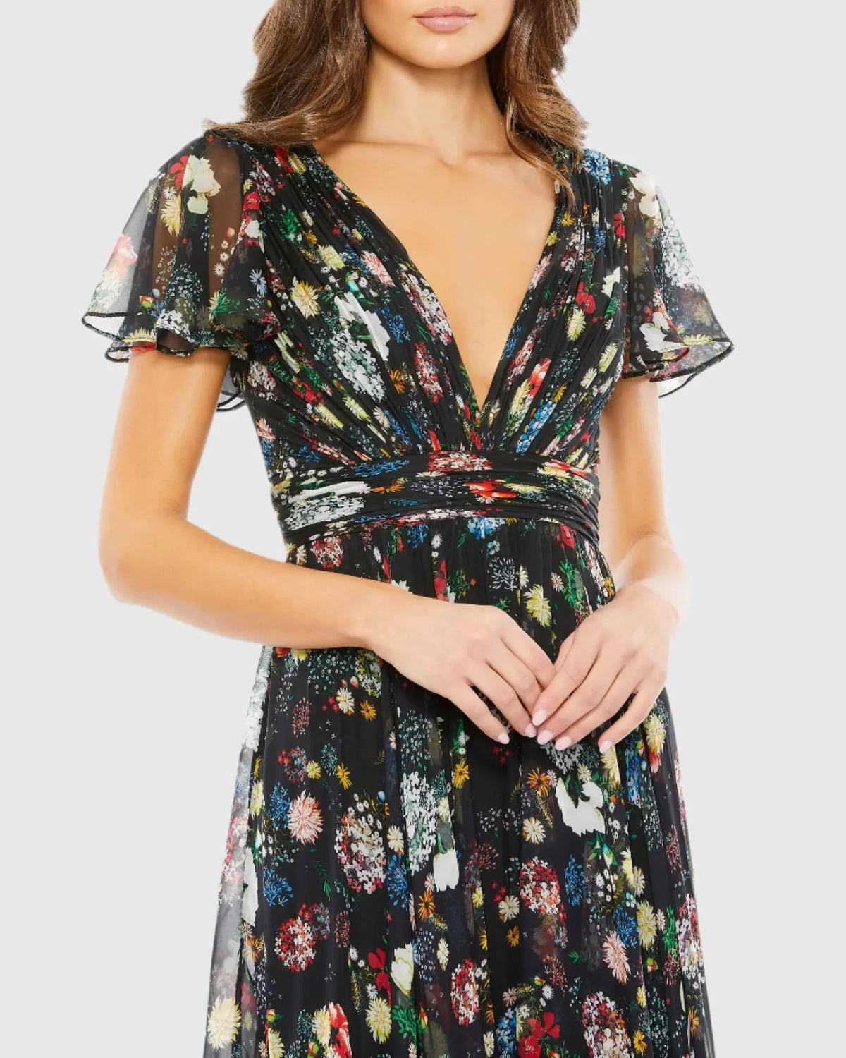 Floral Print Pleated Wrap Over Butterfly Sleeve Maxi Dress - Black
