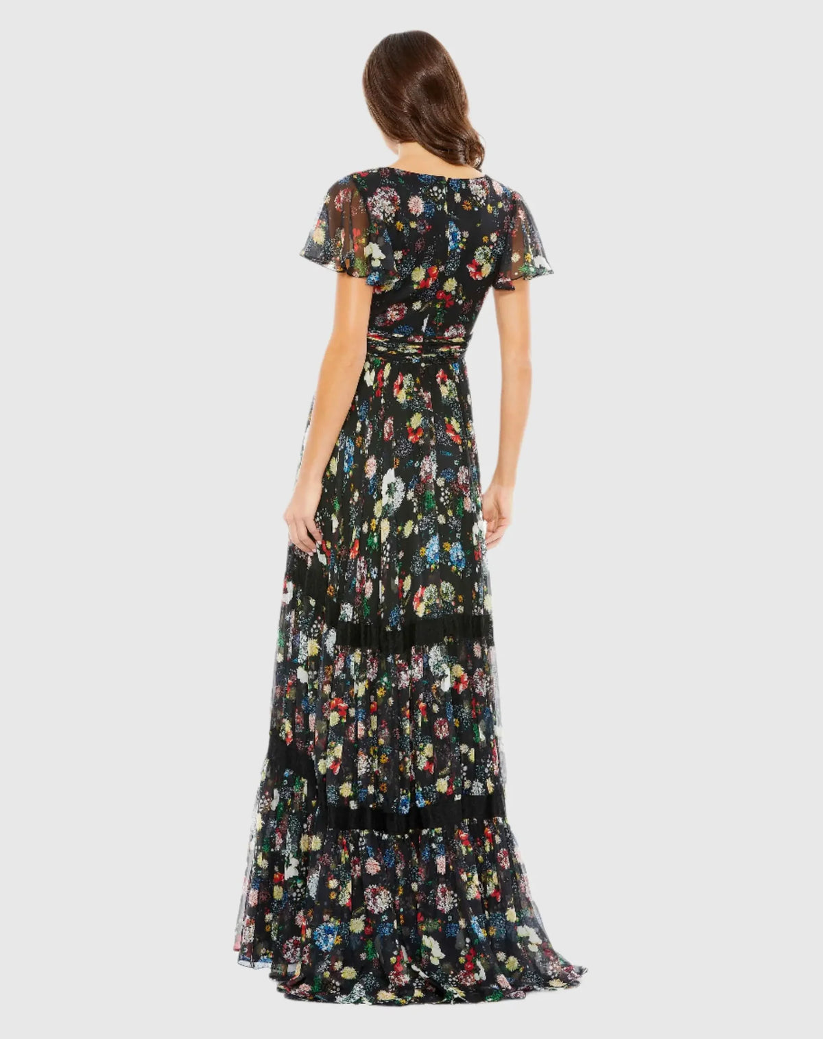 Floral Print Pleated Wrap Over Butterfly Sleeve Maxi Dress - Black