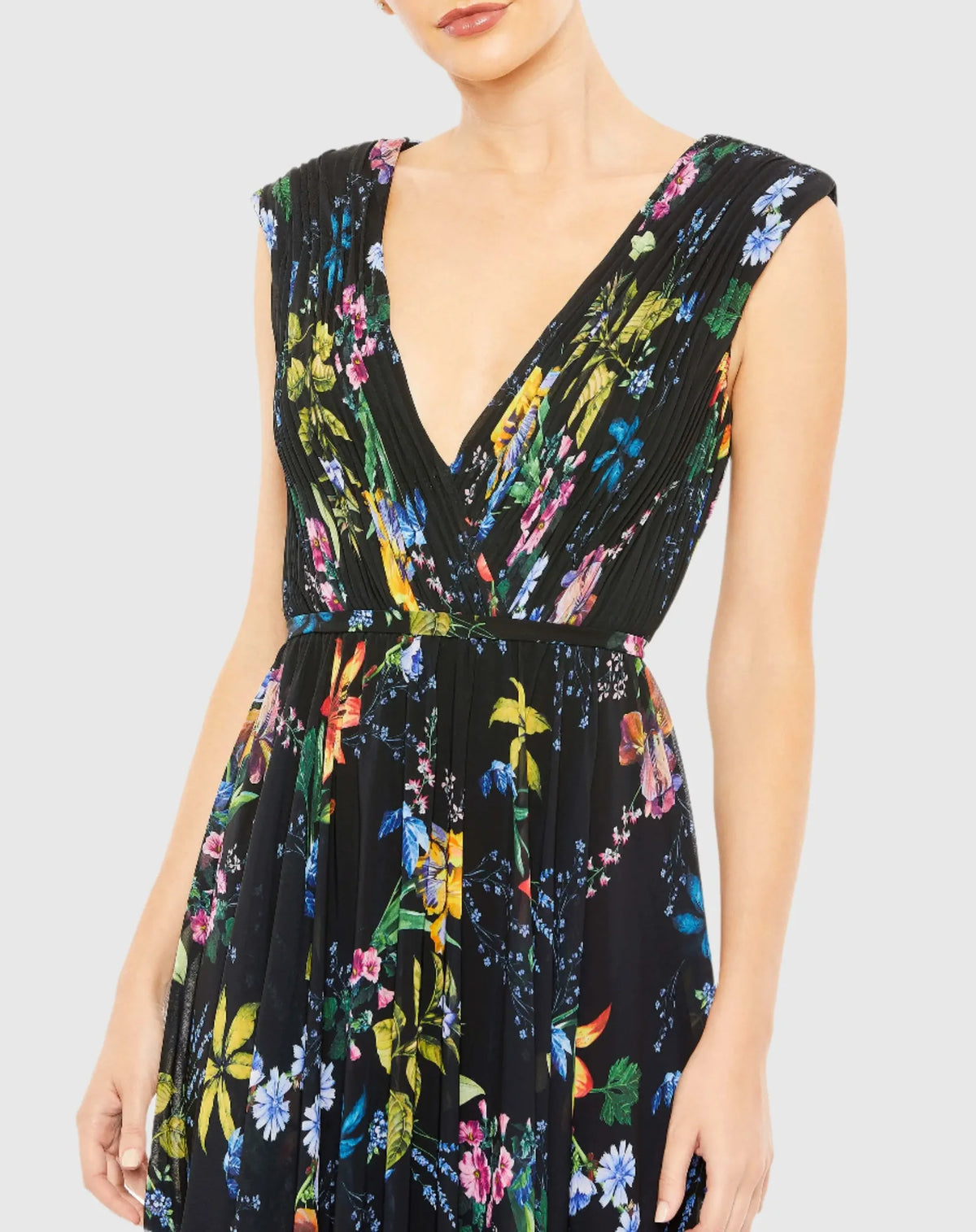 Multicolor Pleated Floral Cap Sleeve A Line Gown - Black