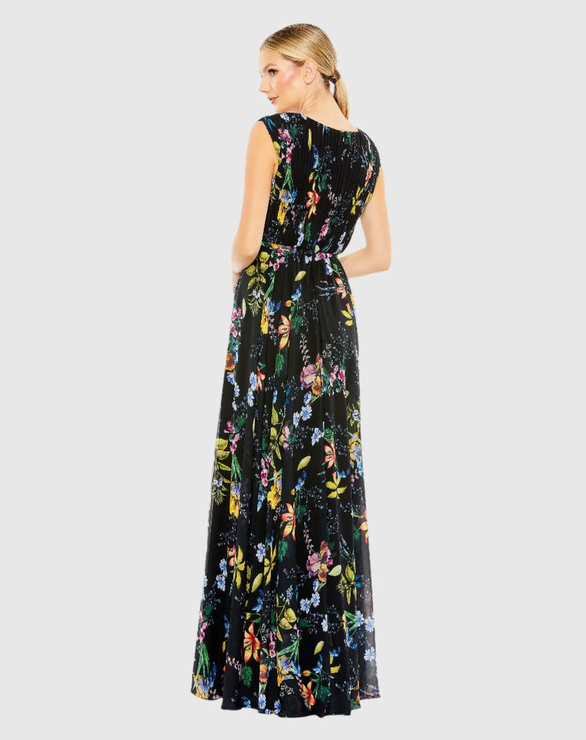 Multicolor Pleated Floral Cap Sleeve A Line Gown - Pink