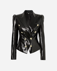 Black Double Breasted Wet Look Blazer Gold Buttons