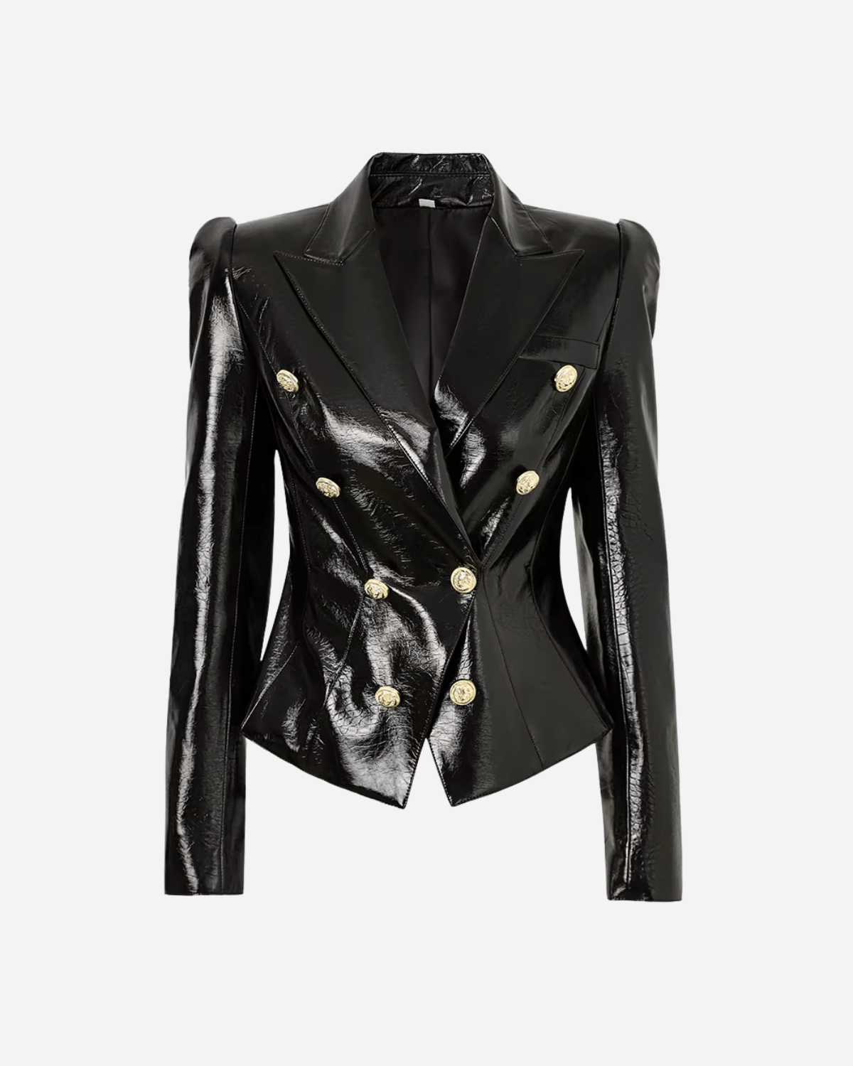 Black Double Breasted Wet Look Blazer Gold Buttons