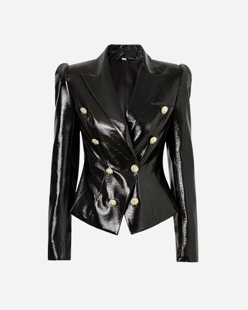 Black Double Breasted Wet Look Blazer Gold Buttons