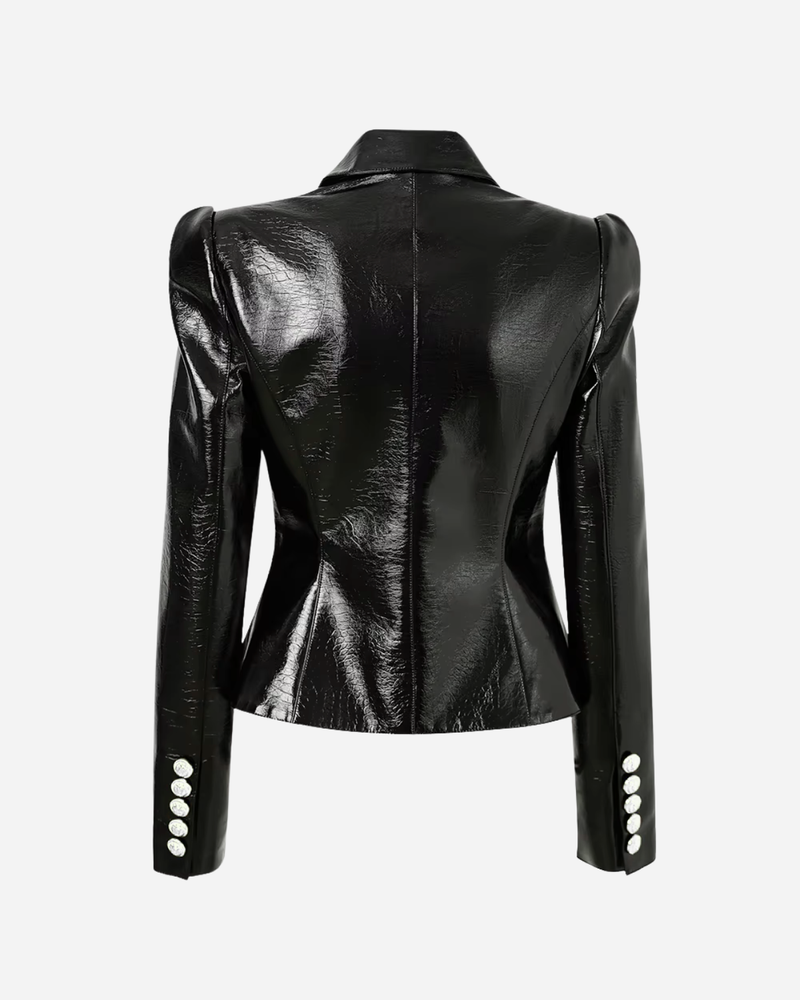 Black Double Breasted Wet Look Blazer Gold Buttons