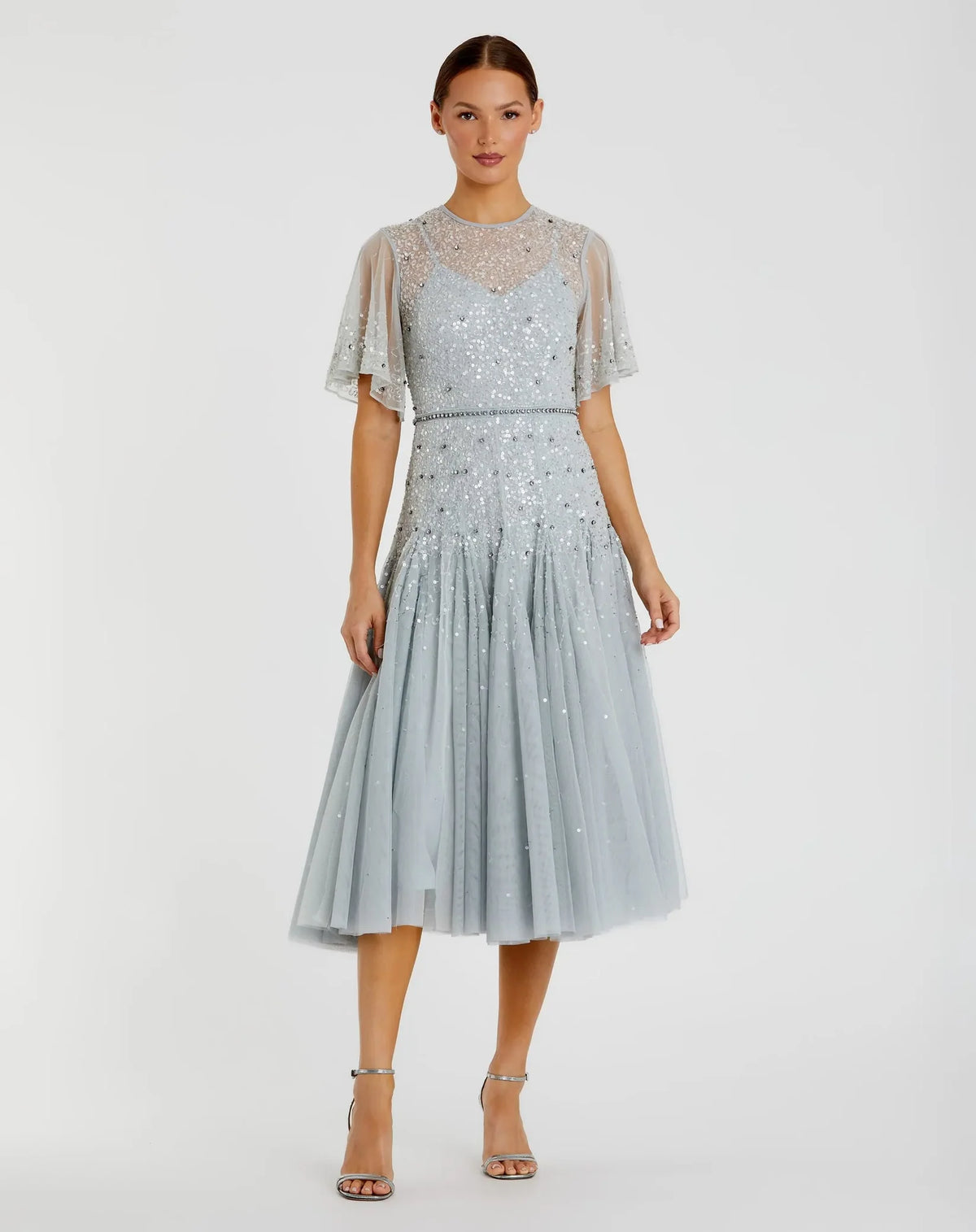 Mac Duggal Cape Sleeve Beaded Tea Length Drop Waist Dress #93655 Powder Blue