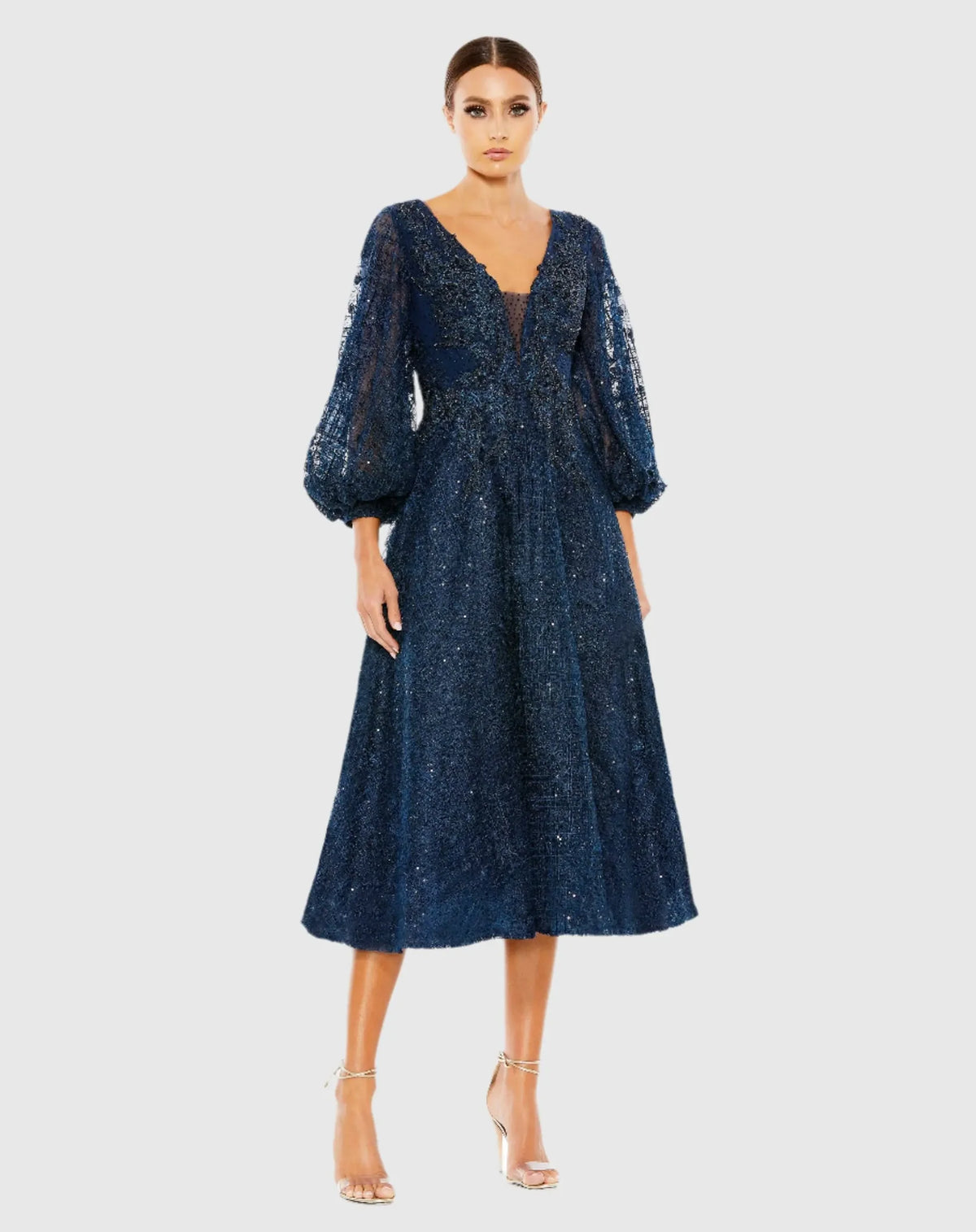 Mac Duggal  Embellished Plunge Neck Bishop Sleeve Dress #20391  Midnight