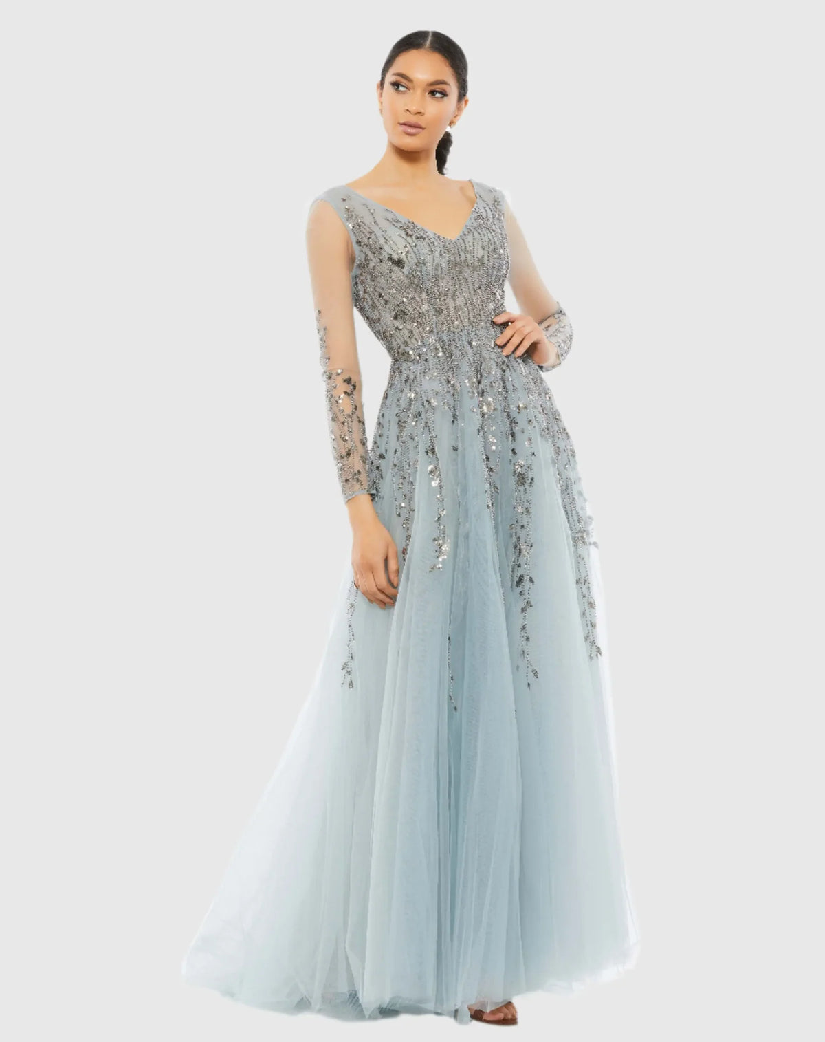 Mac Duggal Platinum Embellished V Neck Long Sleeve A Line Gown #20295