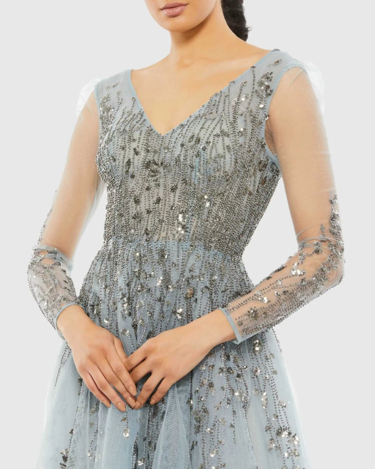 Embellished V Neck Long Sleeve A Line Gown - Pink