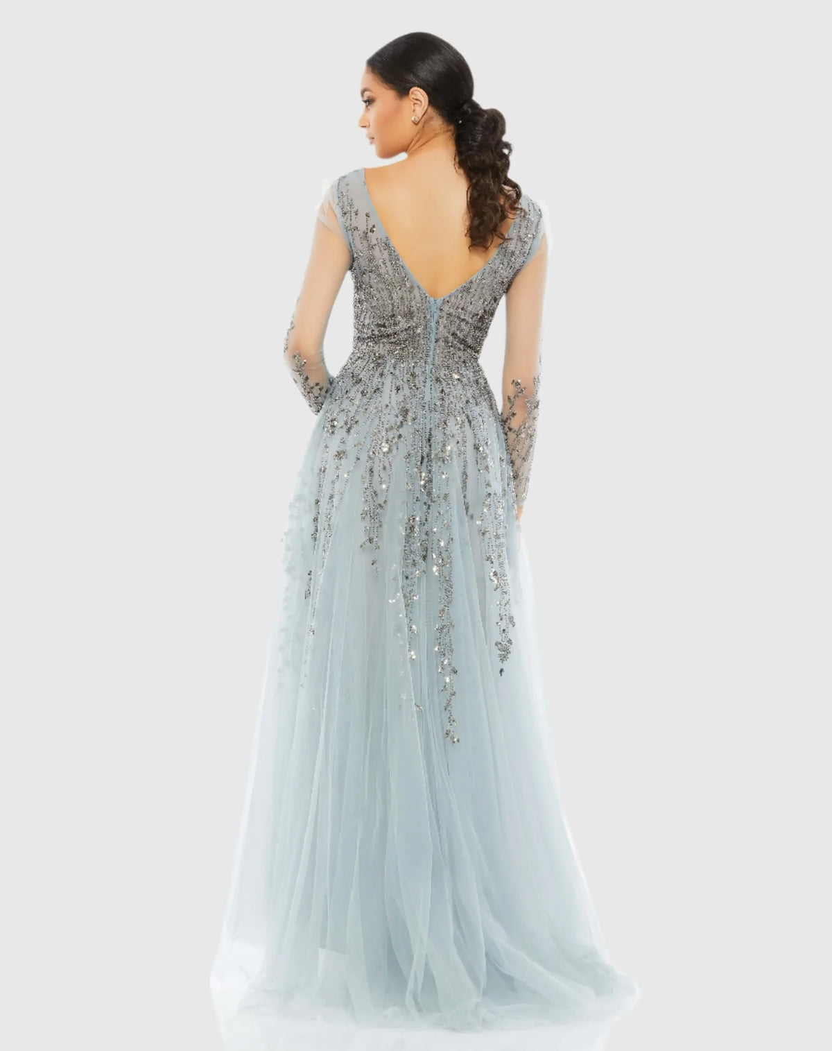 Embellished V Neck Long Sleeve A Line Gown - Pink