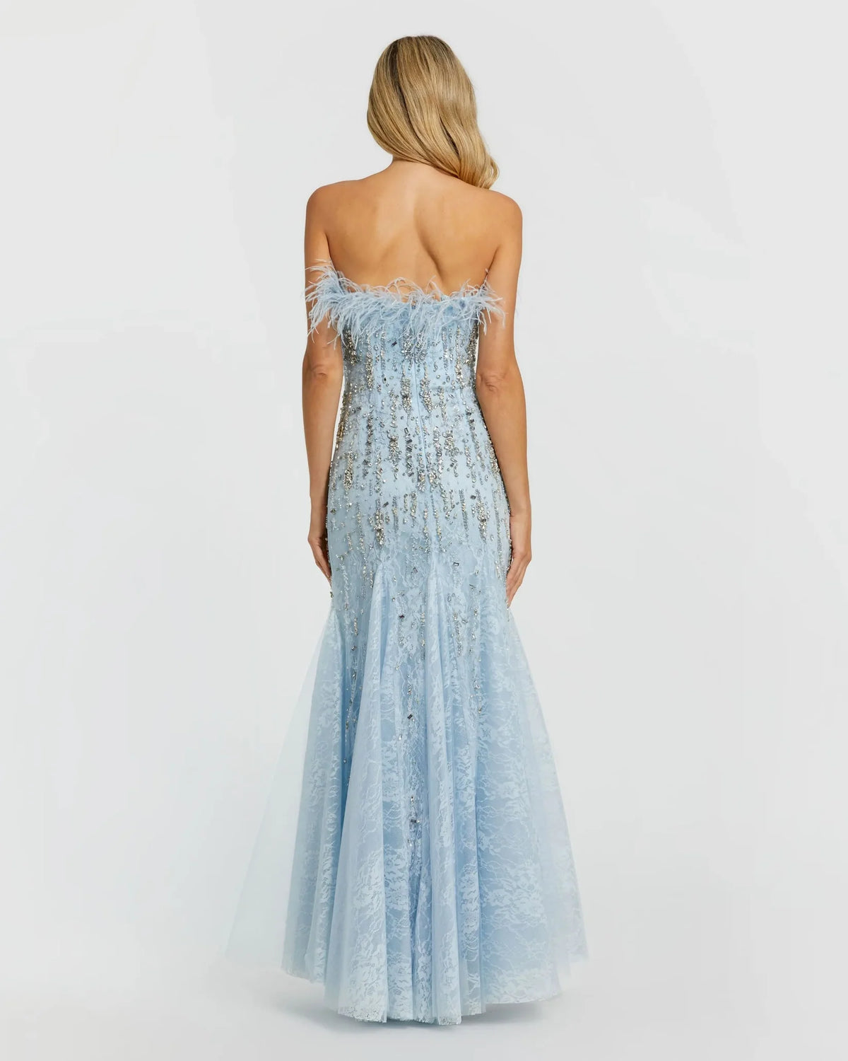 Feather Embellished Strapless Trumpet Gown - Powder Blue