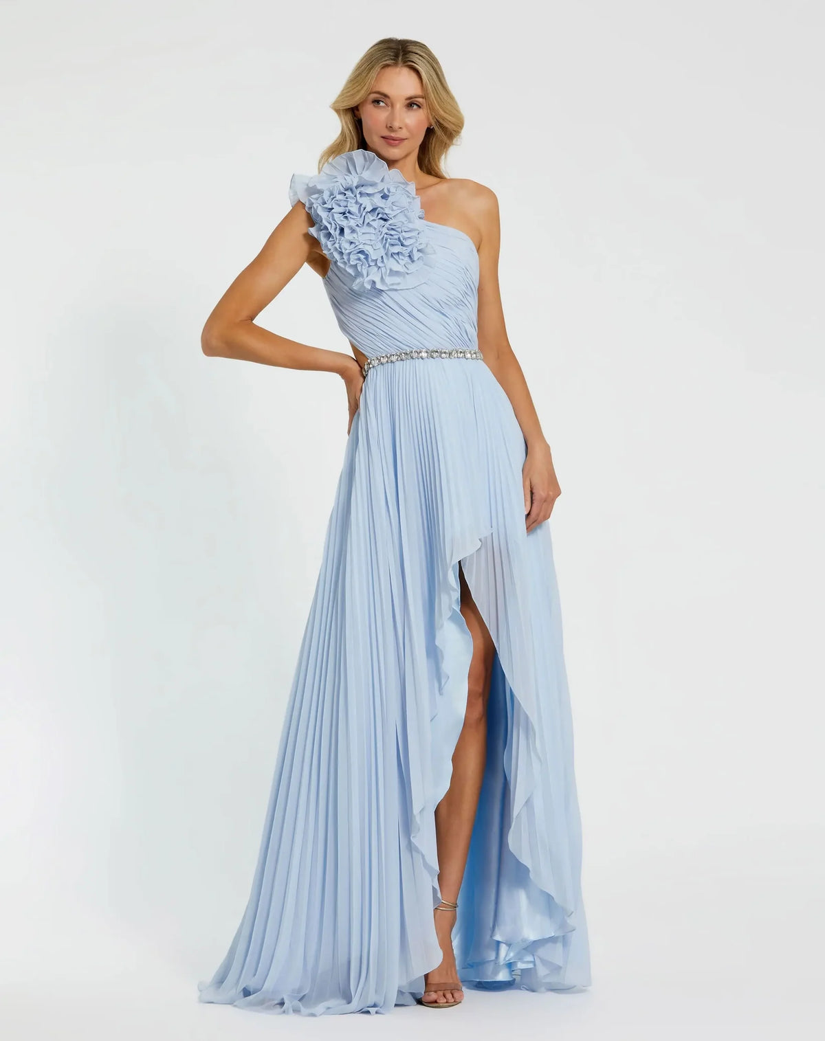 Mac Duggal Blue Floral Detail One Shoulder Gown With Side Slit Powder Light Blue #49687 