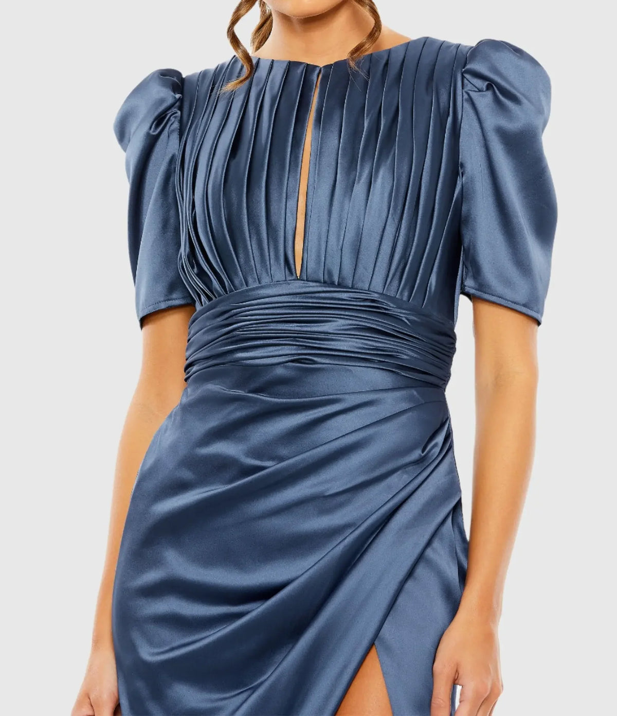 Puff Sleeve Pleated Bodice Draped Gown - Midnight
