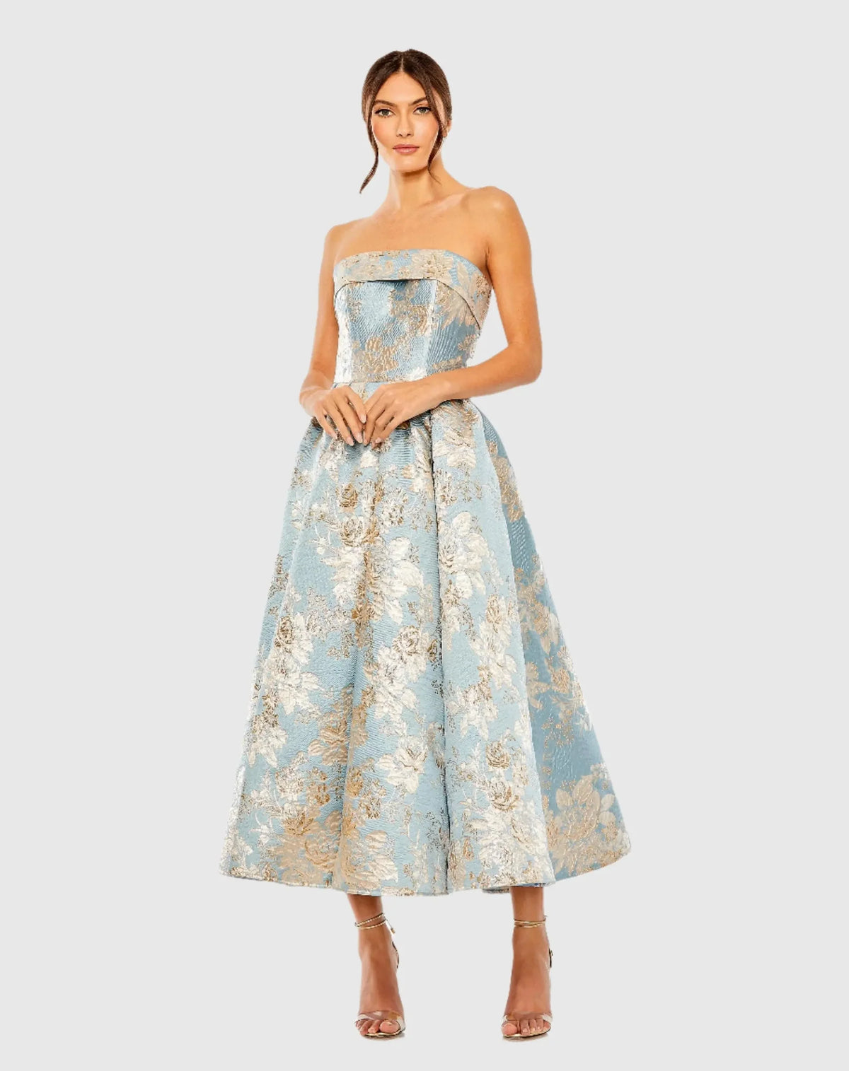 Mac Duggal Blue Strapless Brocade Midi Dress with Pockets #20726 