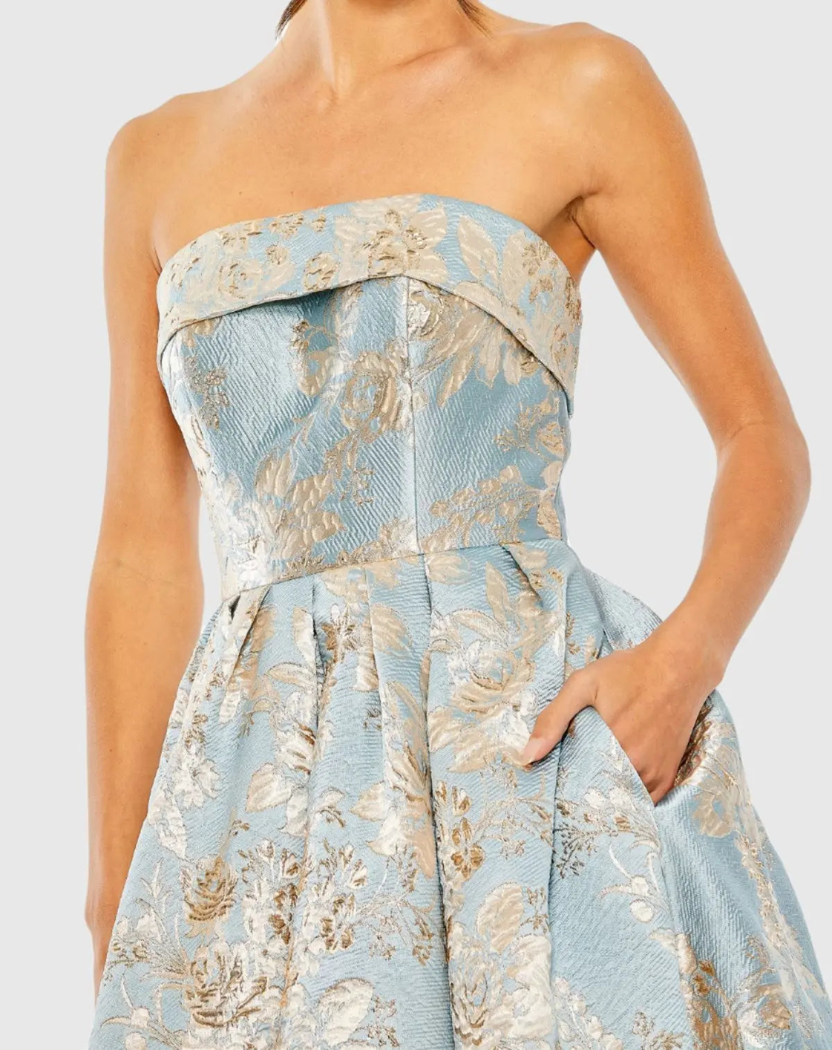 Strapless Brocade Midi Dress with Pockets - Blue