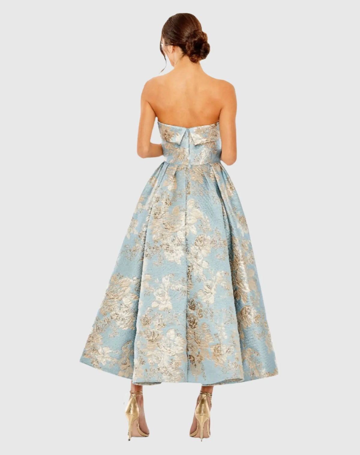 Strapless Brocade Midi Dress with Pockets - Blue