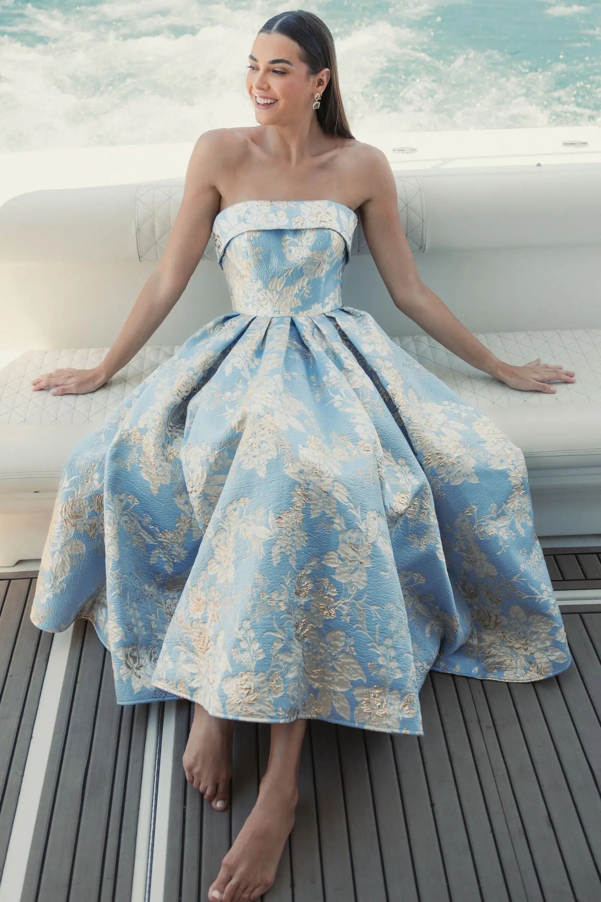 Strapless Brocade Midi Dress with Pockets - Blue