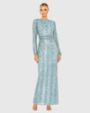Mac Duggal Blue High Neck Long Sleeve Crystal Fringe Column Gown #5981 French Blue