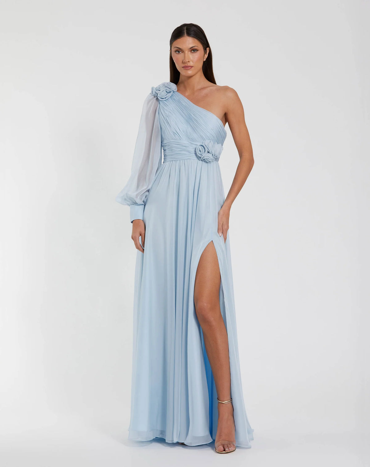 Mac Duggal Blue One Sleeve A-Line Chiffon Gown With 3D Flowers #56070 Powder Light Blue 