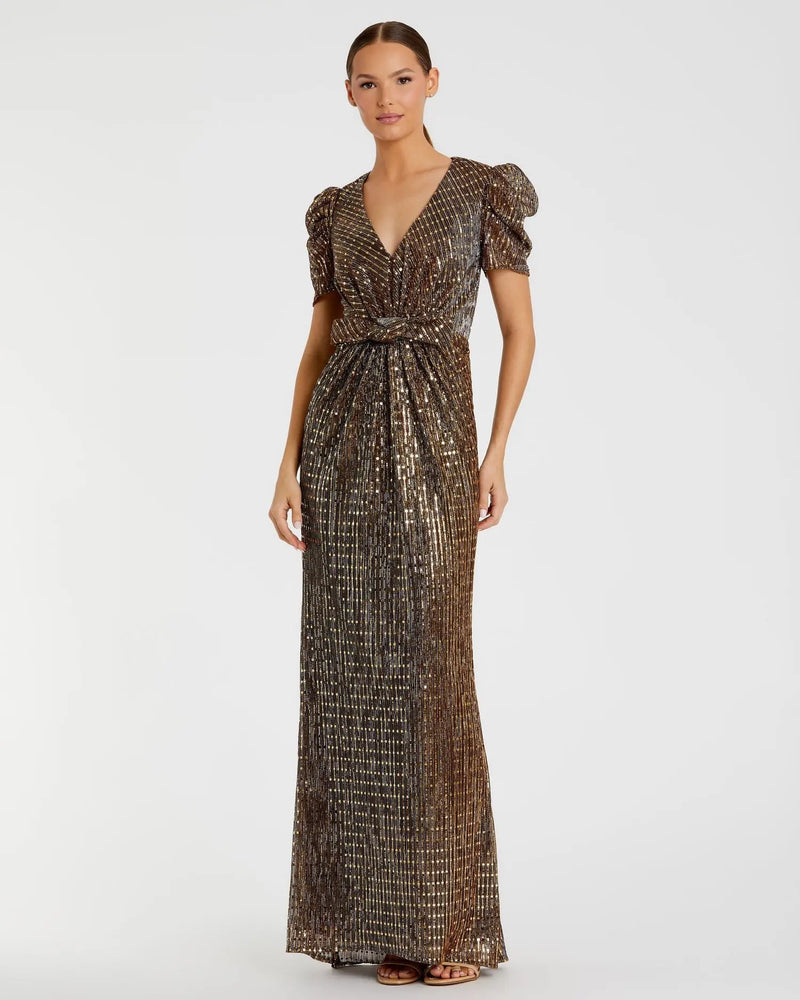 Mac Duggal Brown Bow Waist Cap Sleeve Metallic Gown #26661 |