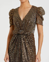 Bow Waist Cap Sleeve Metallic Gown - Brown